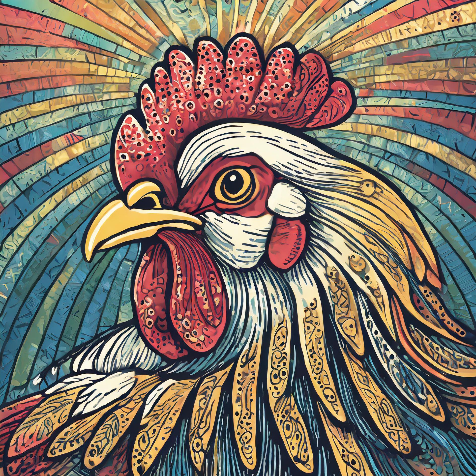 a colorful drawing of a rooster with a rainbow background