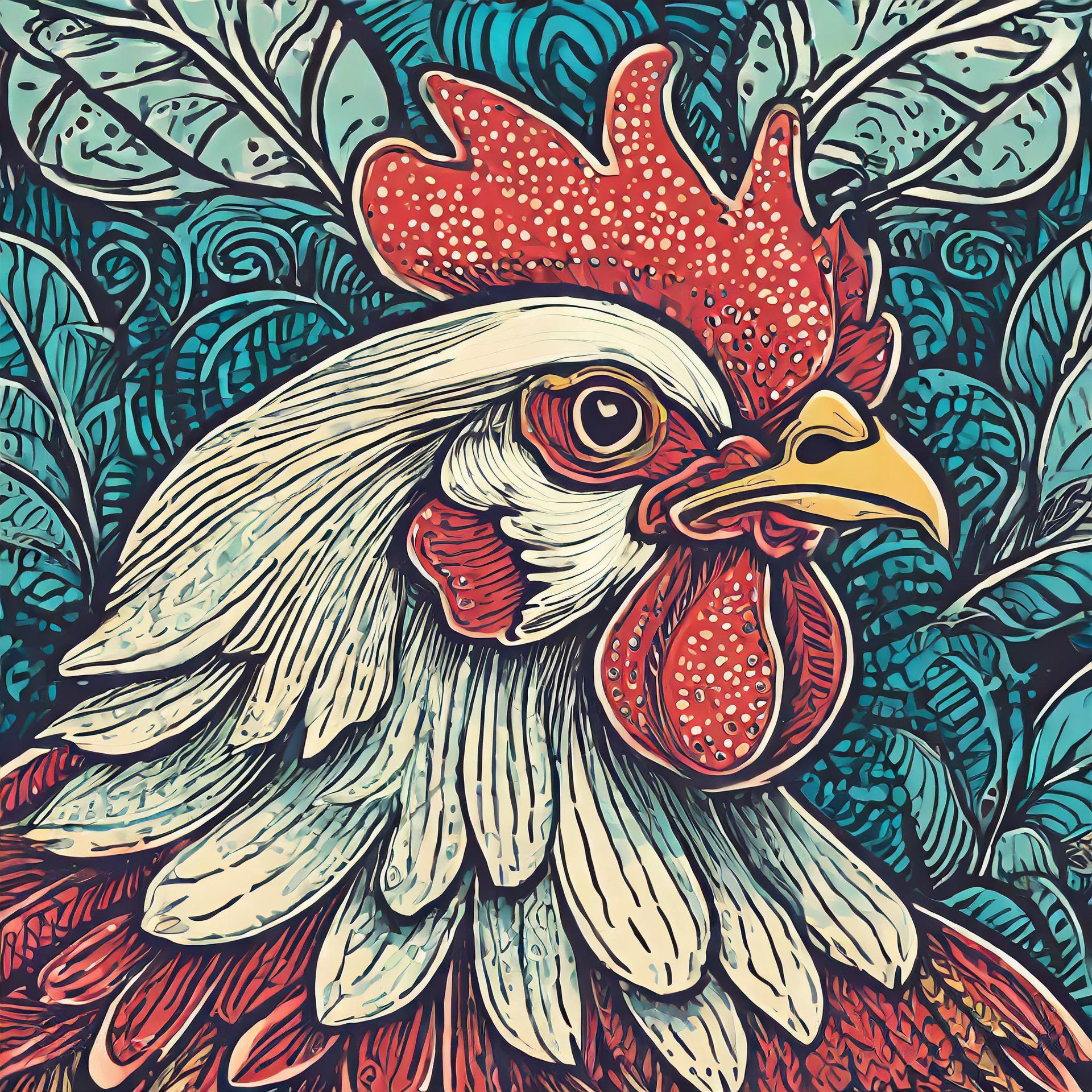a colorful drawing of a rooster 's head with leaves in the background