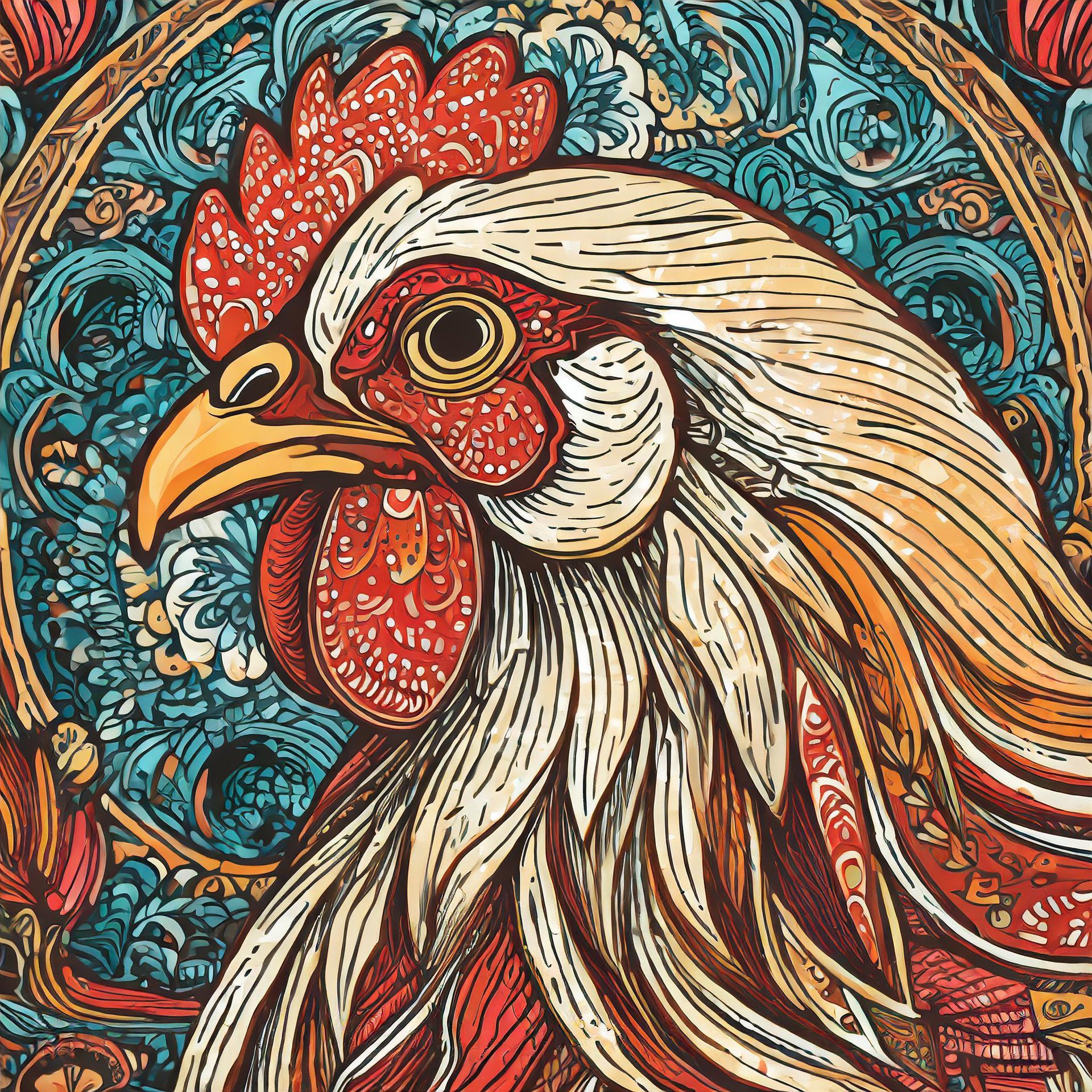a colorful painting of a rooster with a long beard