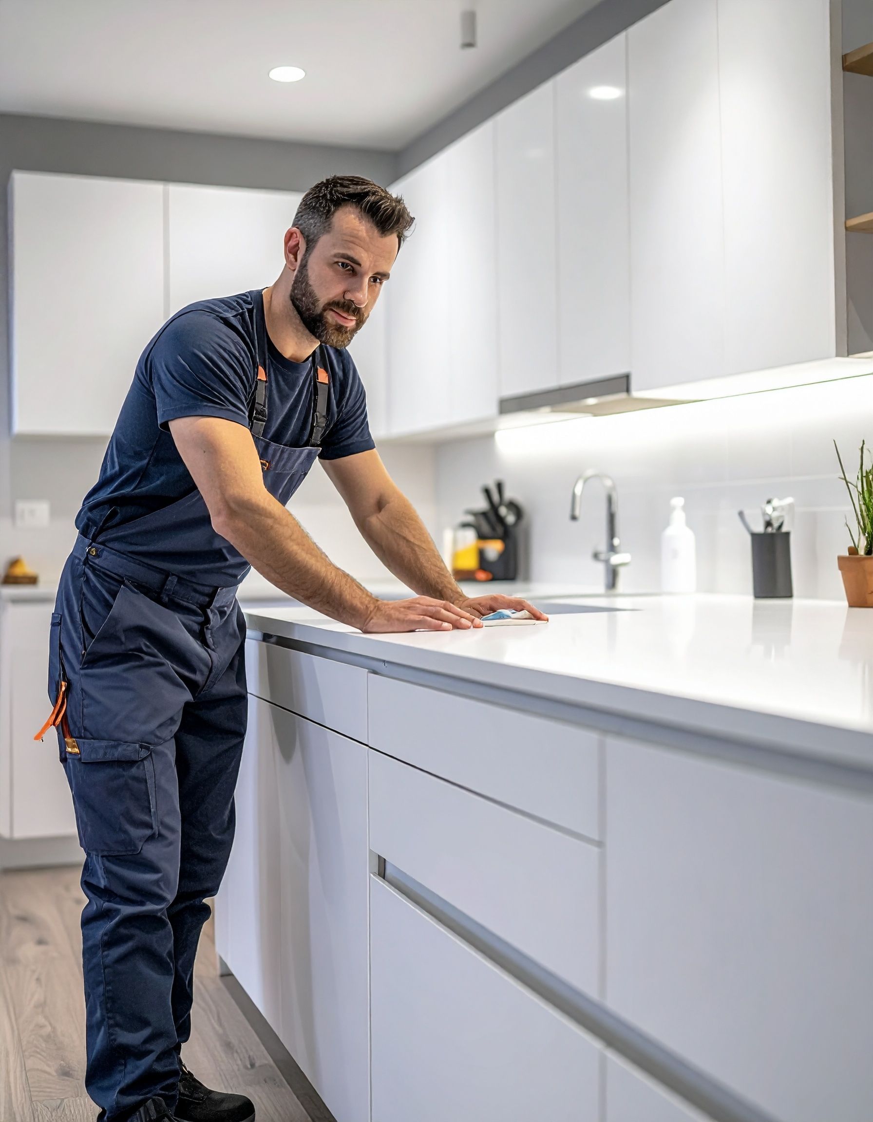 Man in work overalls leaning on a white kitchen countertop; bright space.