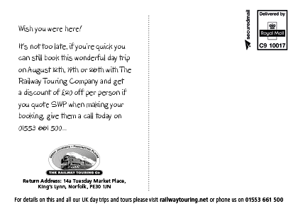 the back of a postcard from the railway touring company .