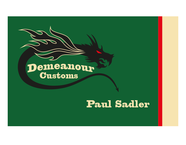 a green business card for paul sadler with a dragon on it