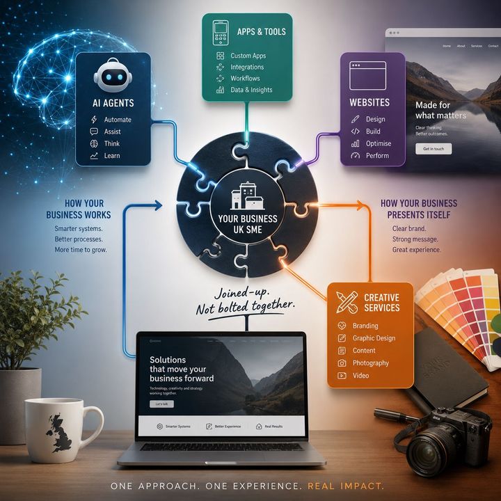 Infographic with central laptop and surrounding teal, purple, orange cards about business/workflow steps.