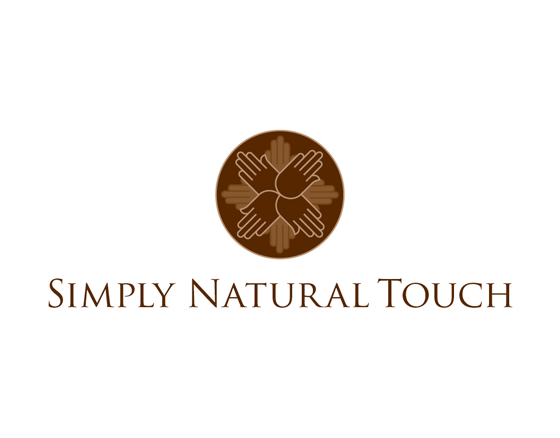 the logo for simply natural touch has a circle with hands in it