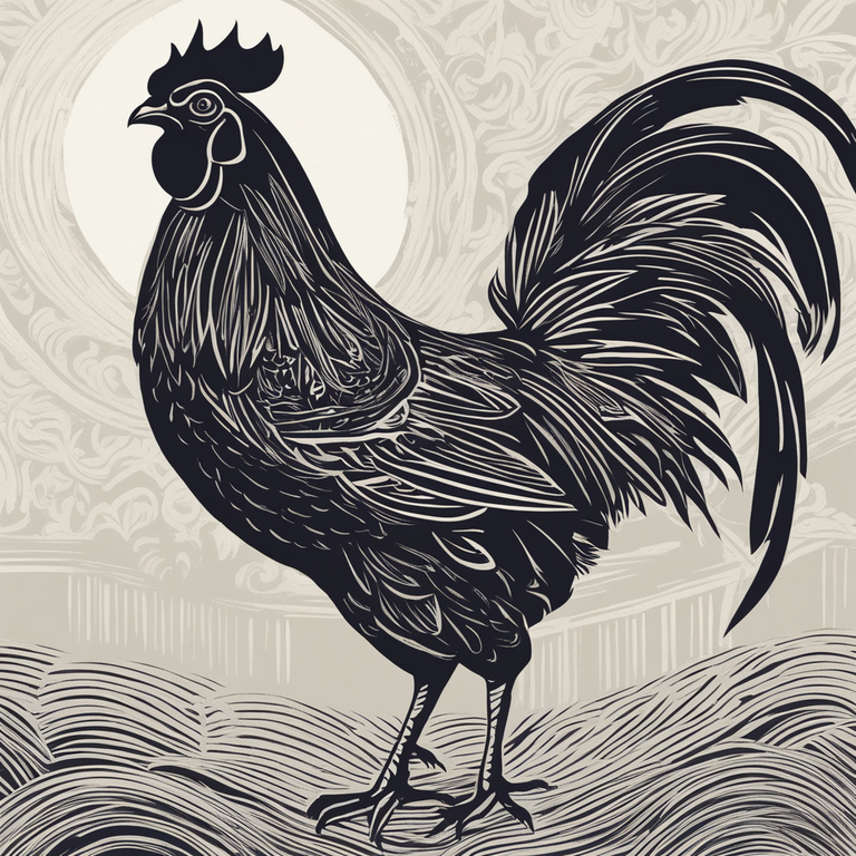 a black and white drawing of a rooster standing in a field