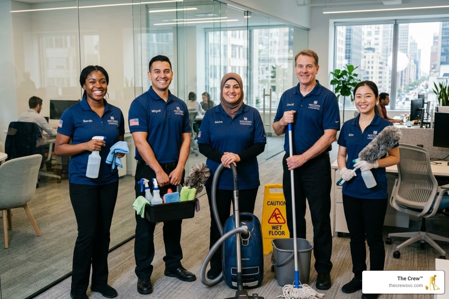 A diverse team of professional cleaners smiling, wearing clean uniforms, and holding cleaning suppli