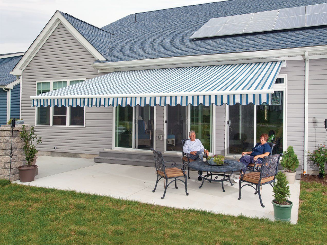 awning protecting outdoor patio area