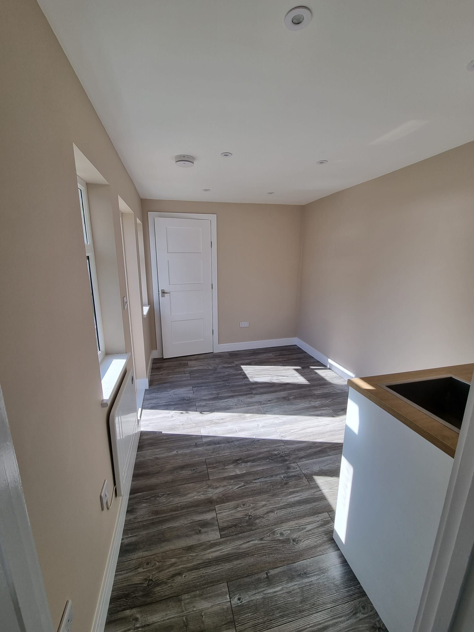 An empty room with hardwood floors and a white door.