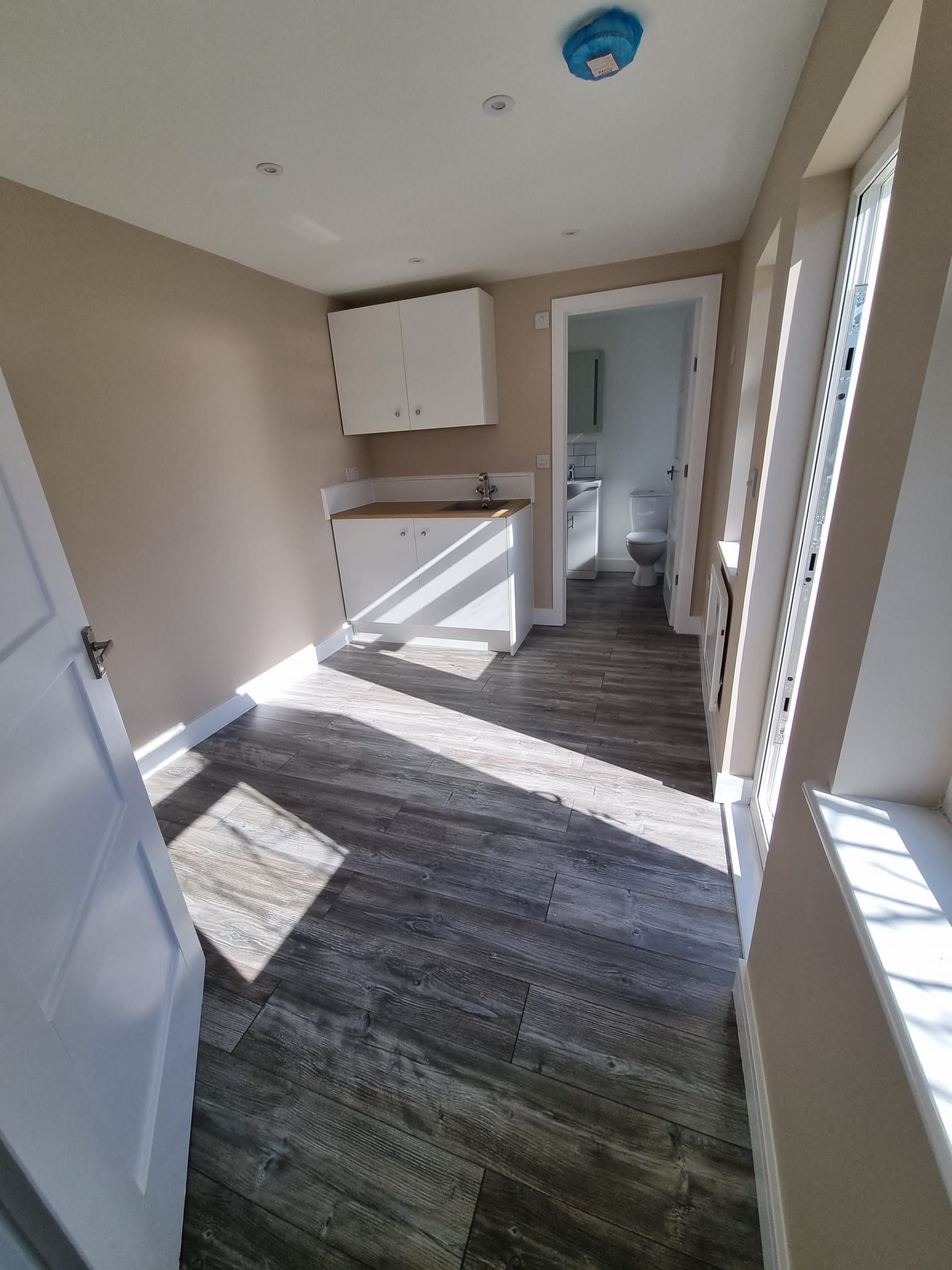 A room with hardwood floors , a sink , and a toilet.