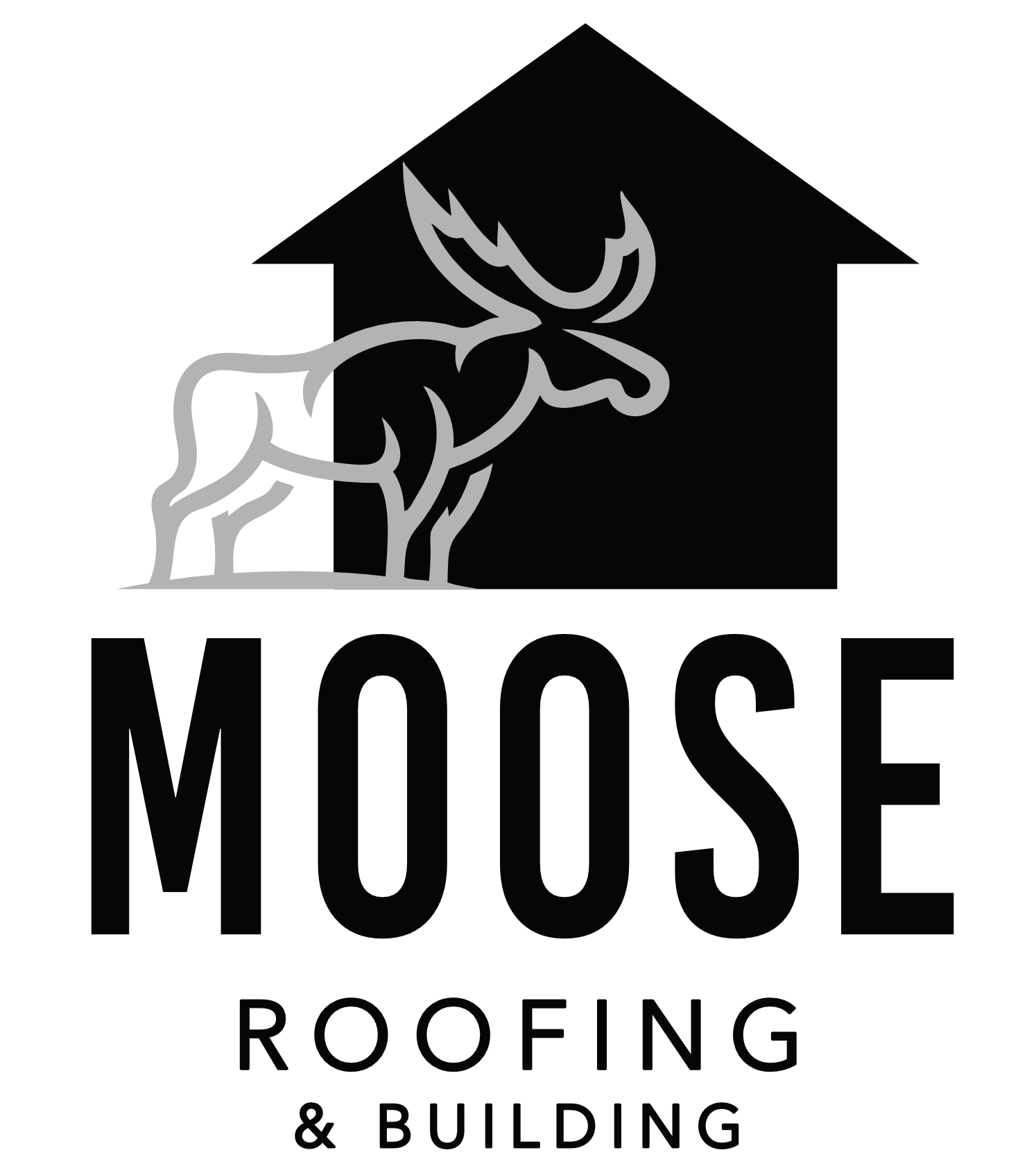 The logo for moose roofing and building shows a moose in front of a house.