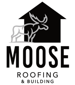 The logo for moose roofing and building shows a moose in front of a house.