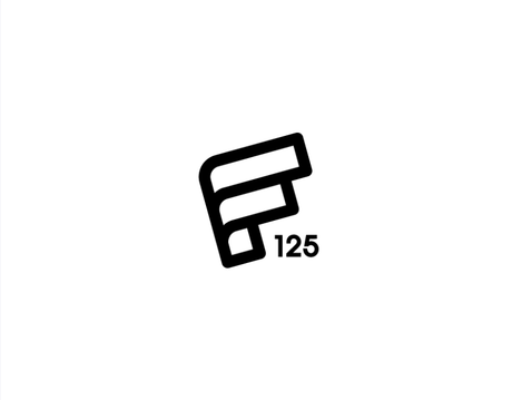 A black and white logo with the letter f and the number 125 on a white background.