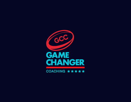 A logo for game changer coaching with a rugby ball on a dark blue background.