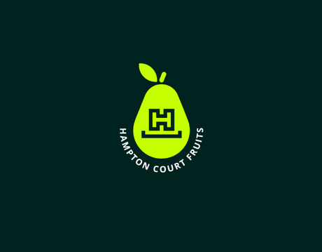 The logo for hampton court fruits is a green pear with a letter h on it.