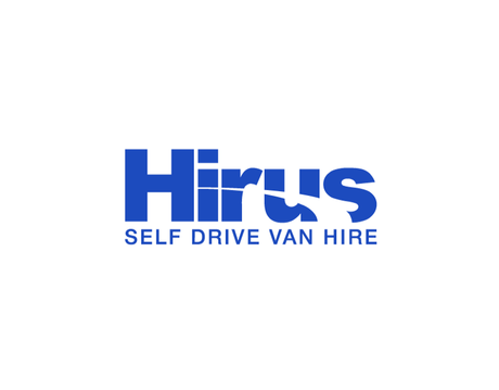 A blue logo for a company called hirus self drive van hire