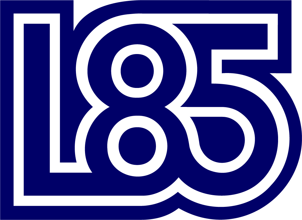 A blue and white number 185 on a white background