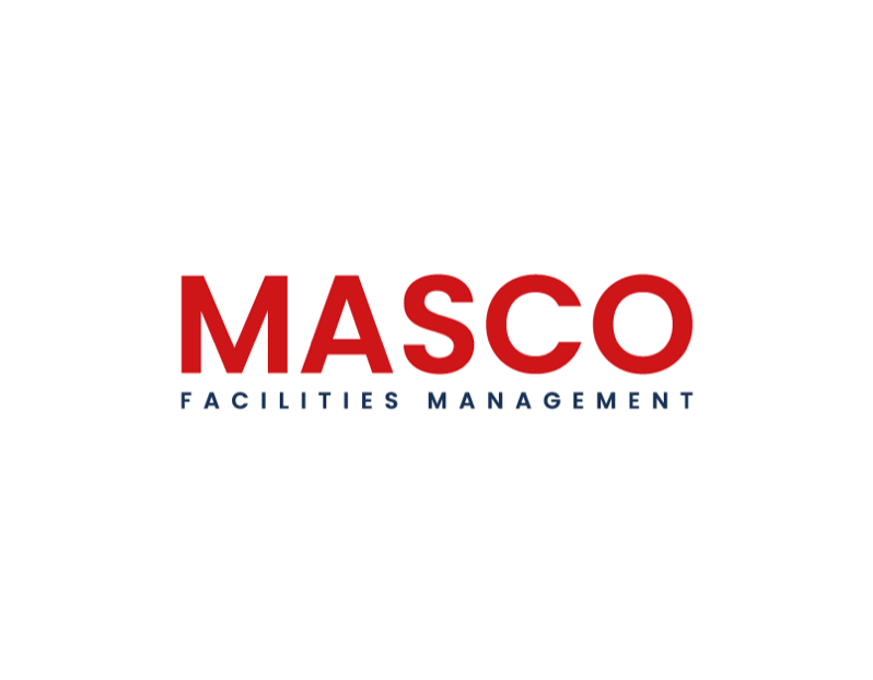 A red and white logo for masco facilities management