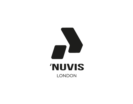 A black and white logo for nuvis london on a white background.