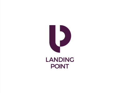 A logo for landing point with a purple letter p on a white background.