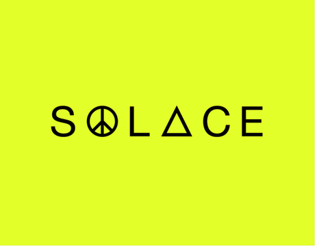 The word solace is on a yellow background with a peace sign.