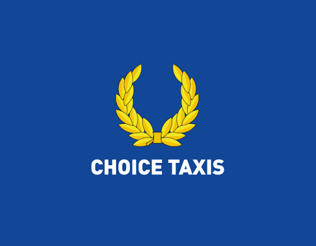 A choice taxis logo with a laurel wreath on a blue background