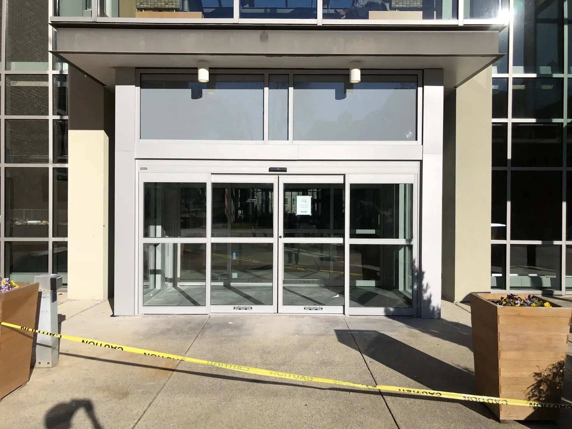 A large building with a large sliding glass door