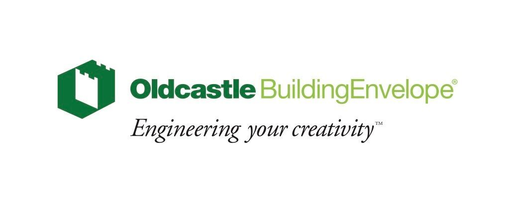 The oldcastle building envelope logo is green and white and says `` engineering your creativity ''.