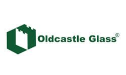 The oldcastle glass logo is green and white and looks like a castle.