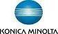 The logo for konica minolta is a blue circle with white stripes on it.