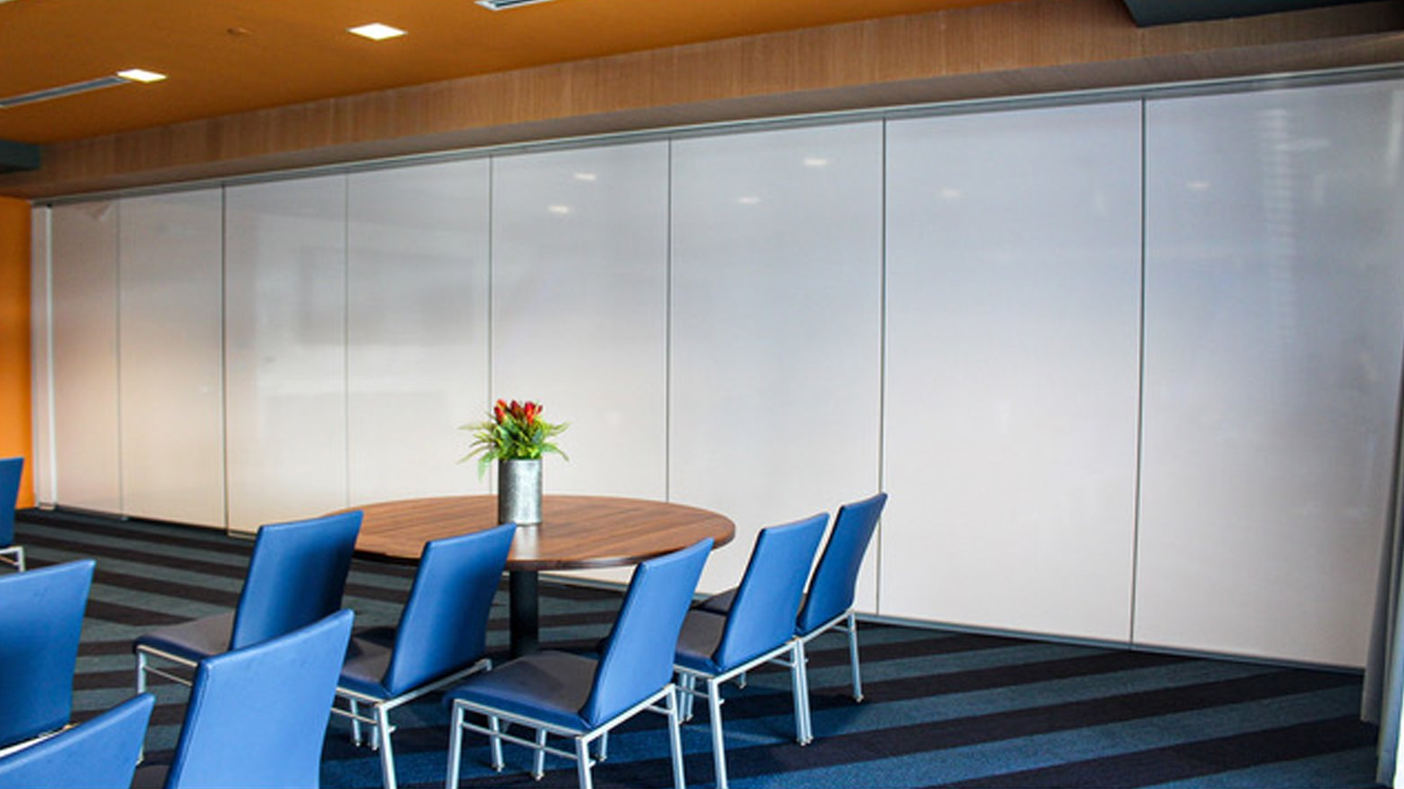 White Operable Wall With Blue Chairs — Rockland, MA — Allied Products Group