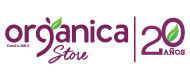 Logo for Organica Store: purple text with a green leaf, celebrating 20 years.