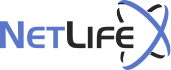 NetLife logo: Blue and black text with a stylized atom symbol.