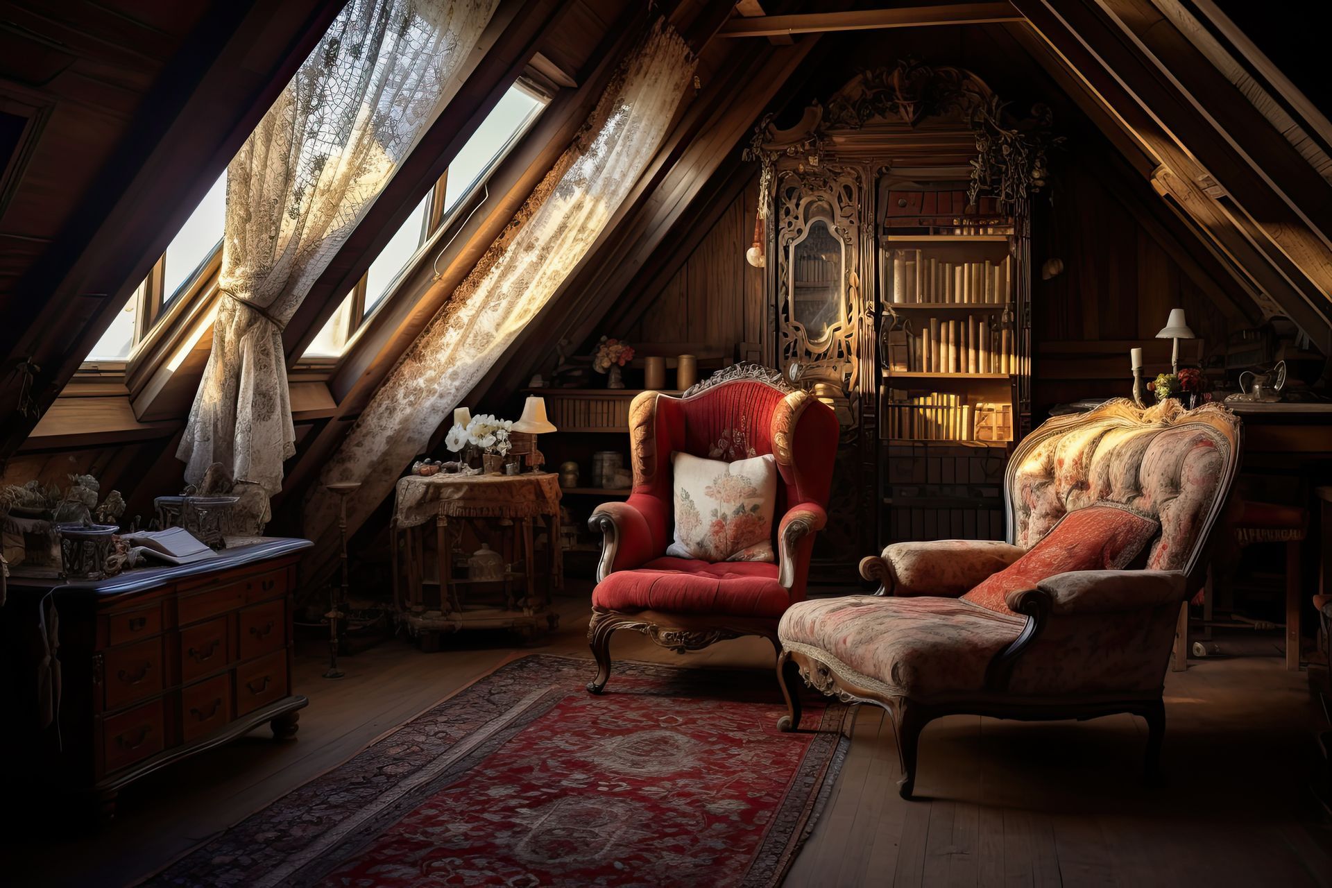Cozy attic library with two ornate armchairs, a red rug, and books, bathed in warm, natural light from slanted windows.