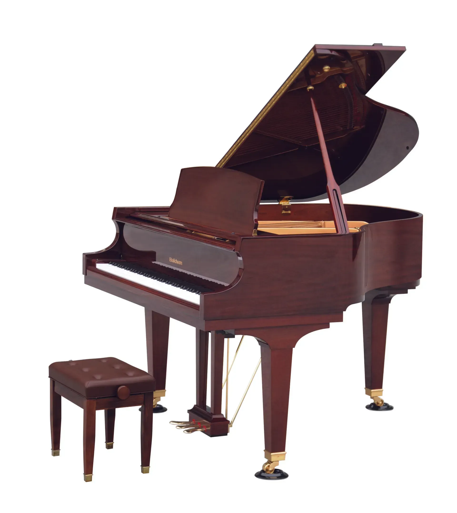 A grand piano with the lid open and a stool next to it