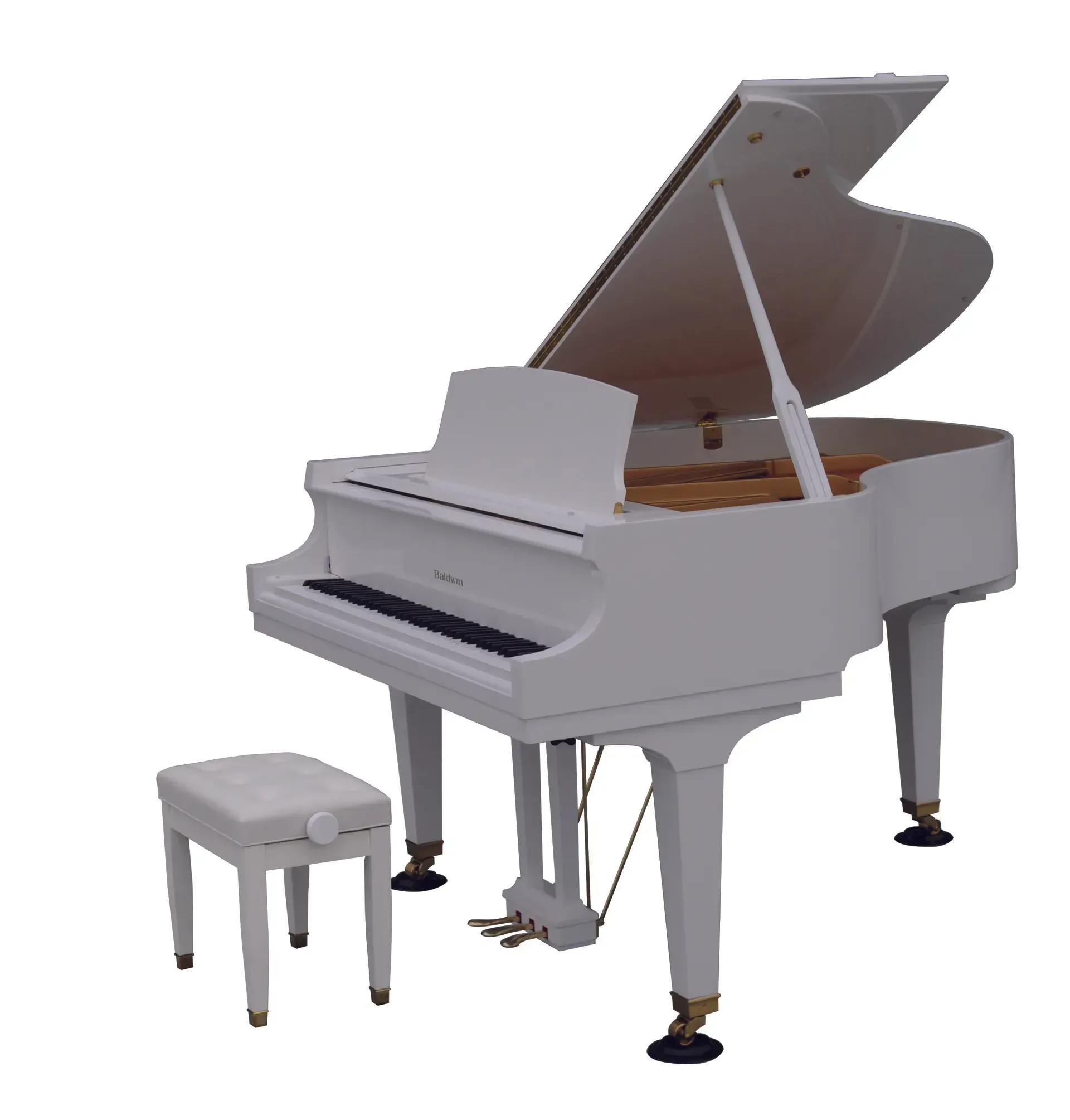 A white grand piano with a stool next to it