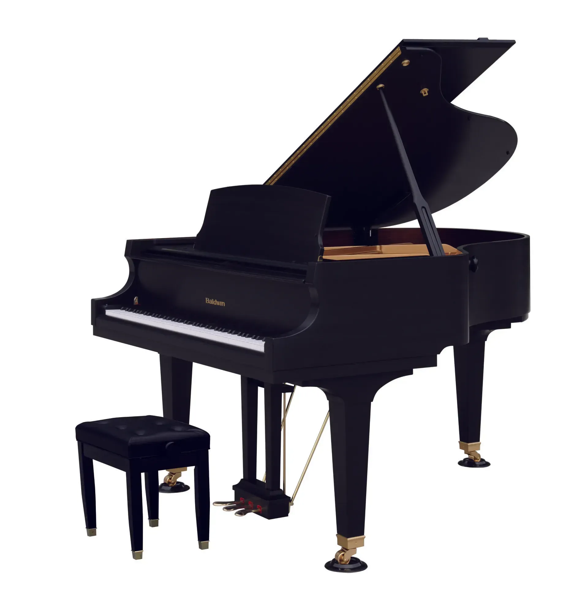 A black grand piano with a stool next to it