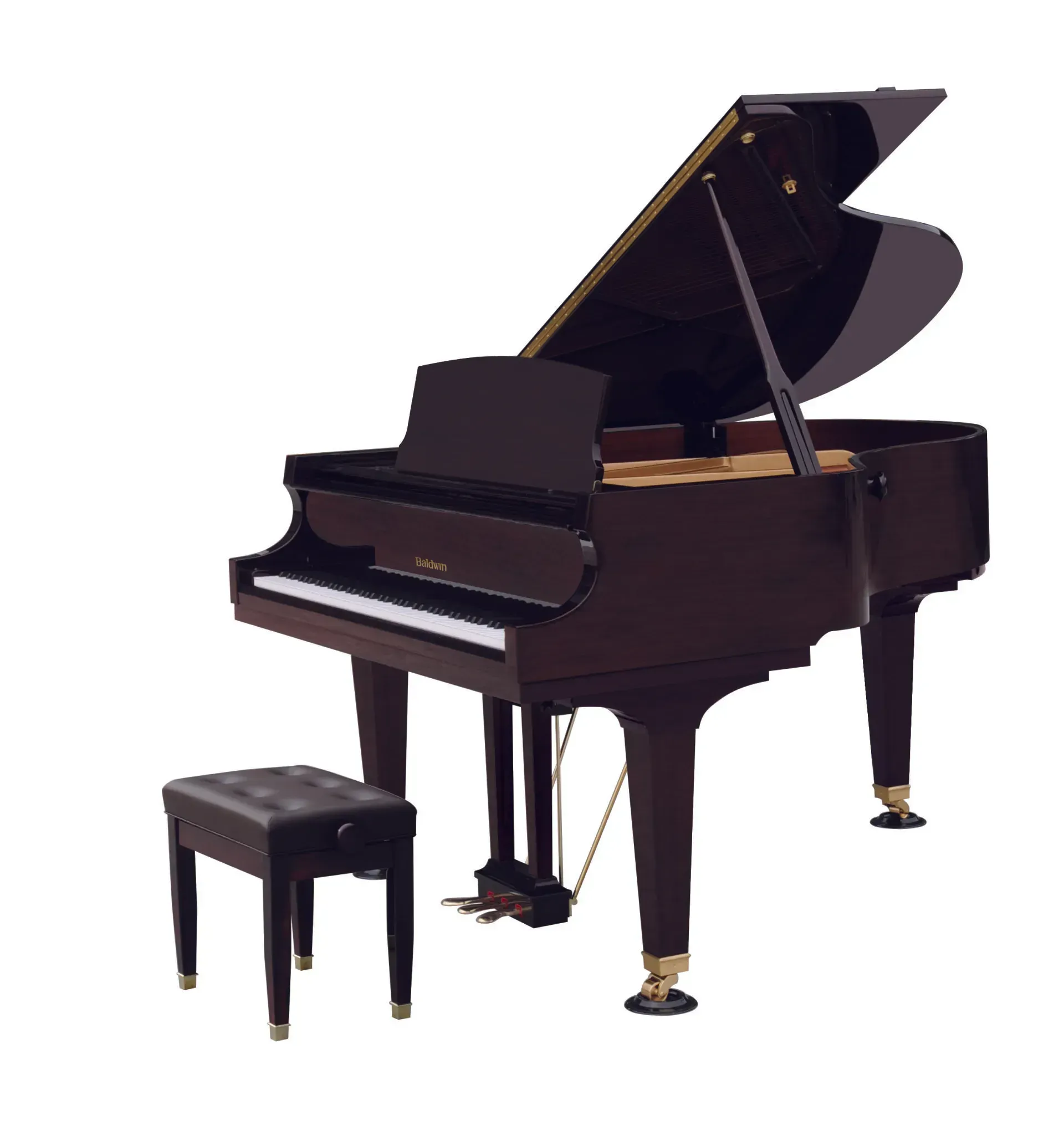 A grand piano with the lid open and a stool next to it