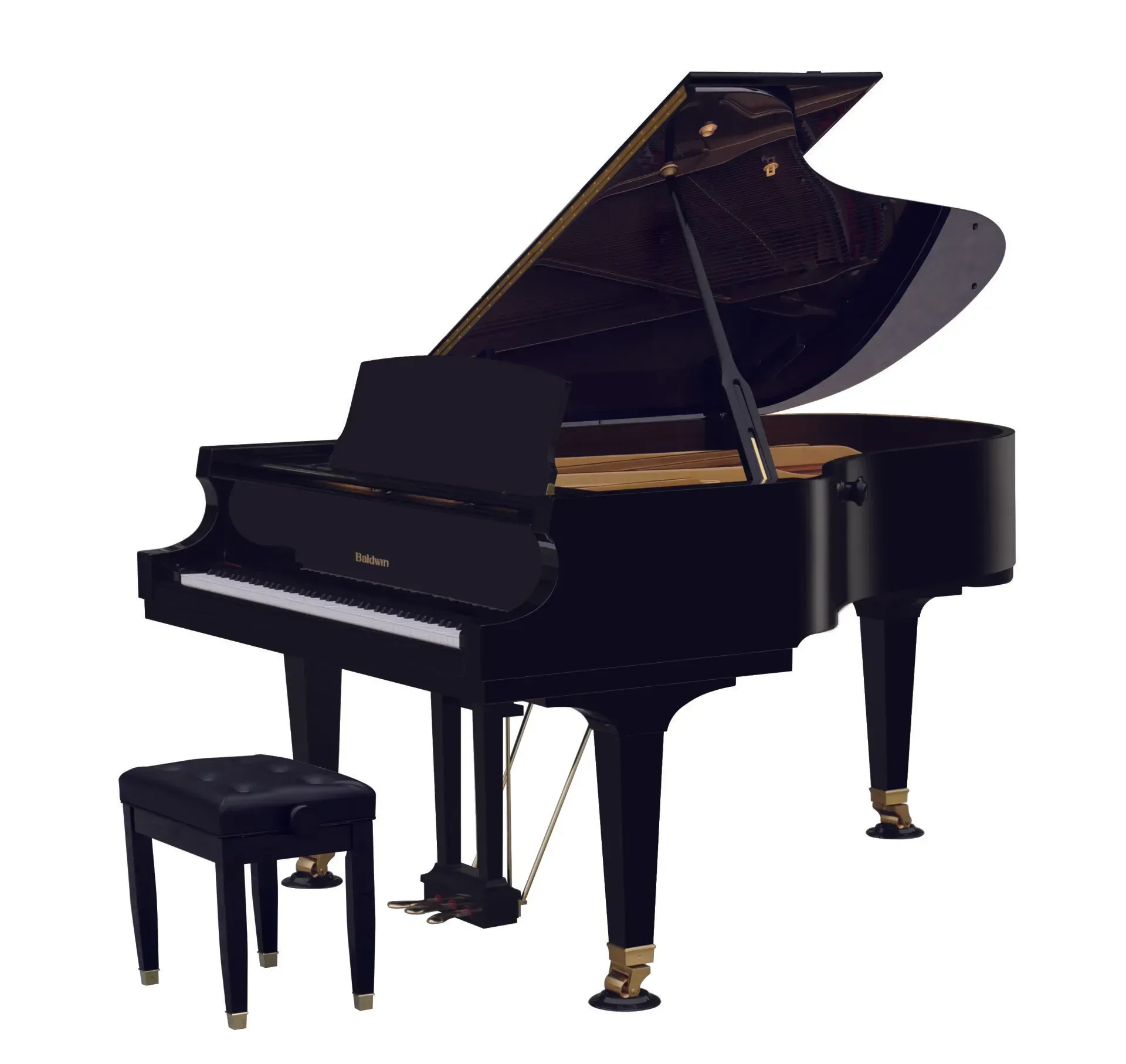 A black grand piano with a stool next to it