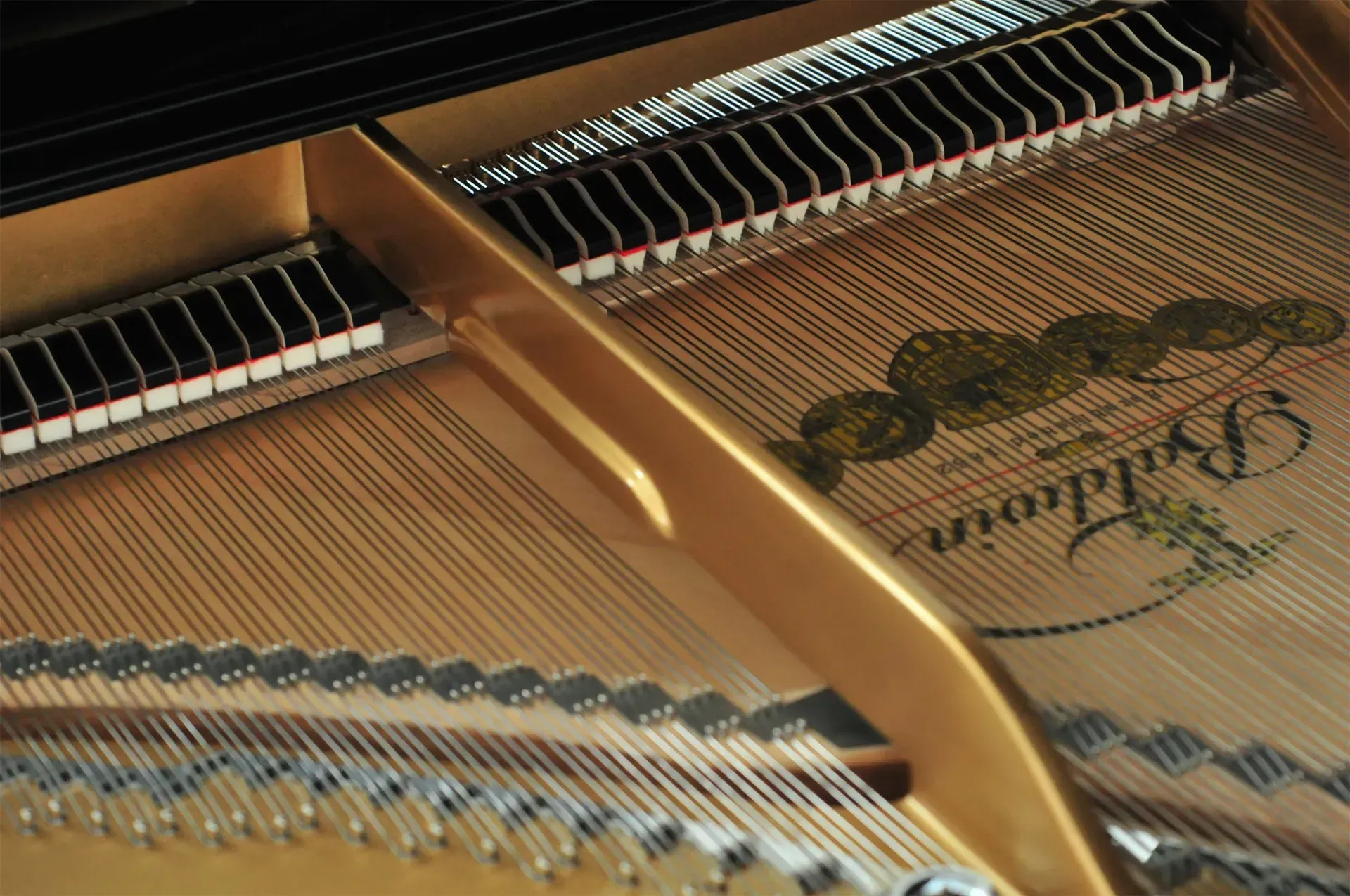 The inside of a grand piano made by baldwin