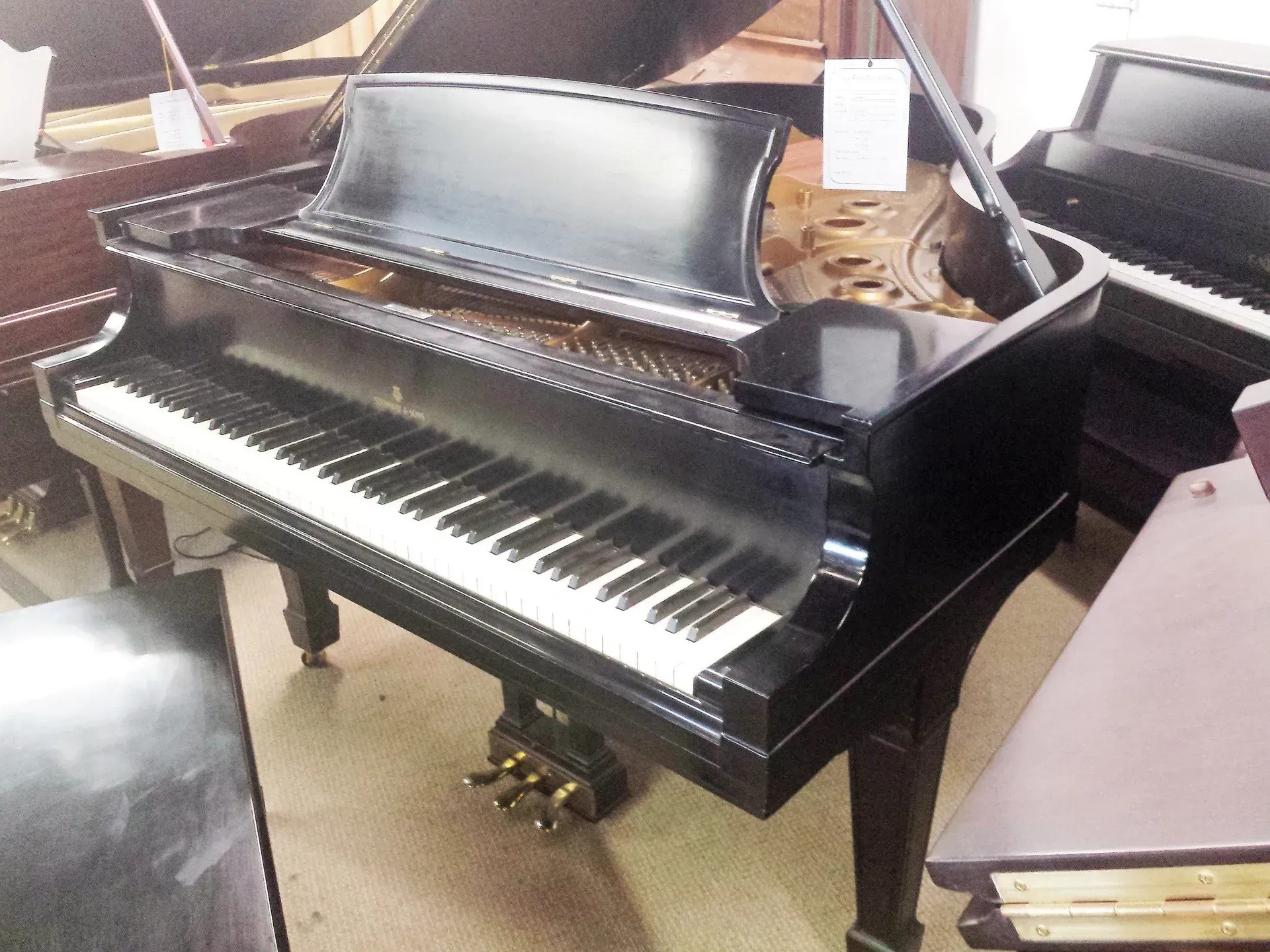 A black grand piano is sitting in a room with other pianos