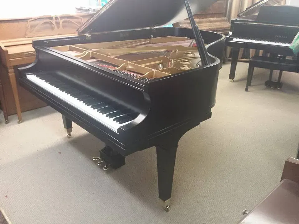 A black grand piano is sitting in a room with other pianos.
