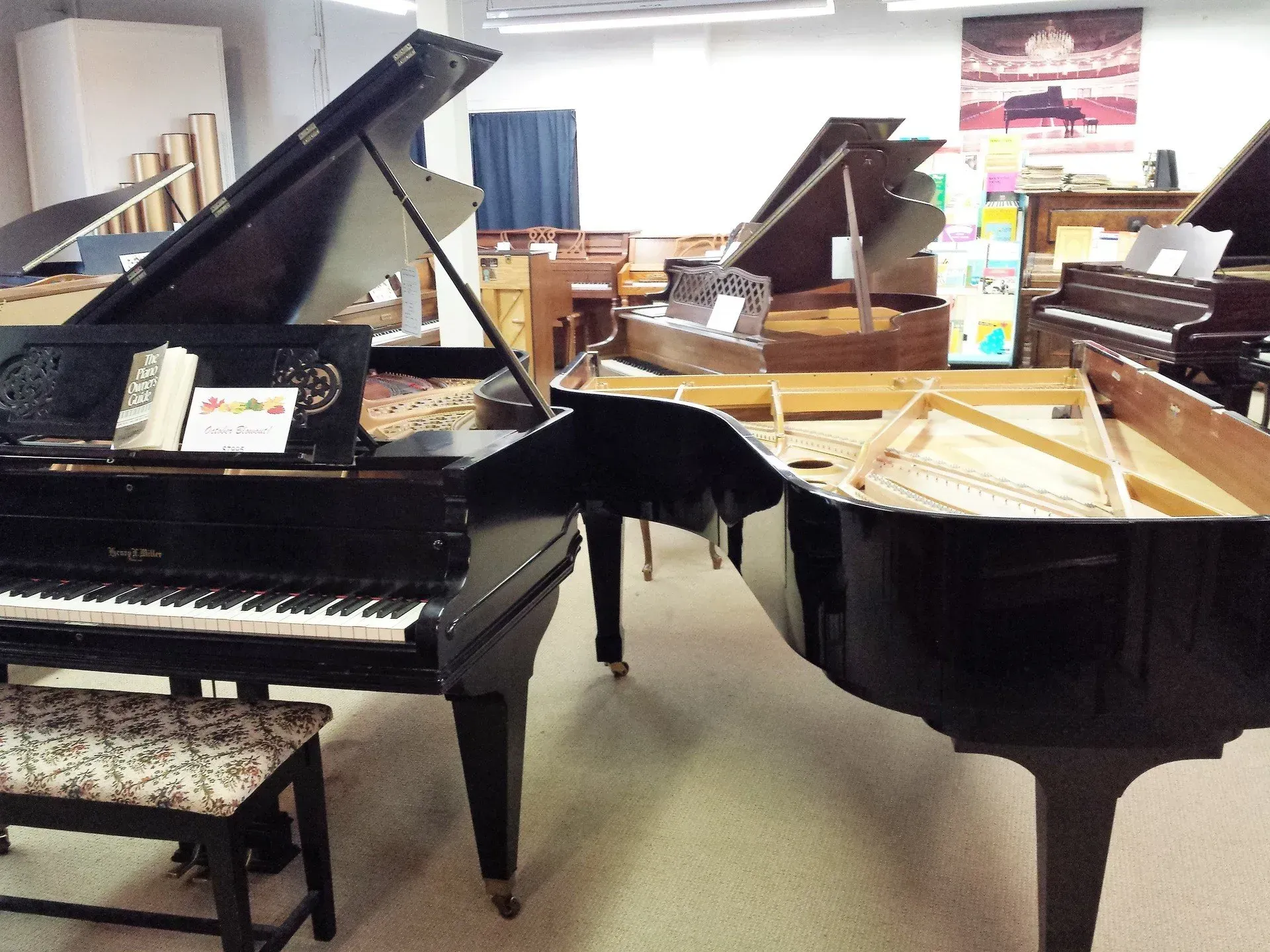 A row of pianos are lined up in a room