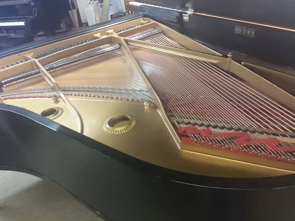 The inside of a grand piano is shown with the lid open.