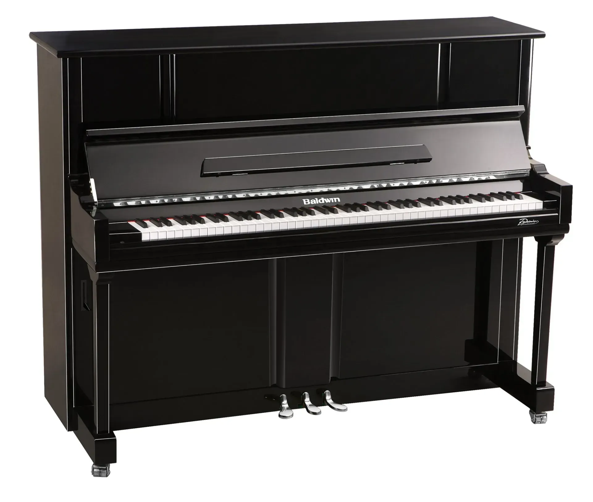 A black piano with white keys on a white background