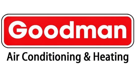 The logo for goodman air conditioning and heating is red and white.
