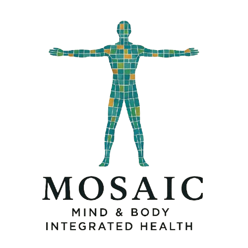 Mosaic logo: Human figure formed of colorful squares, arms outstretched. Below: 