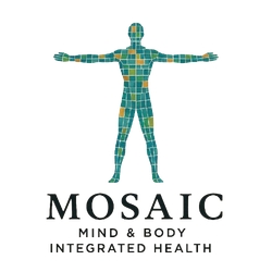Mosaic logo: Human figure formed of colorful squares, arms outstretched. Below: 