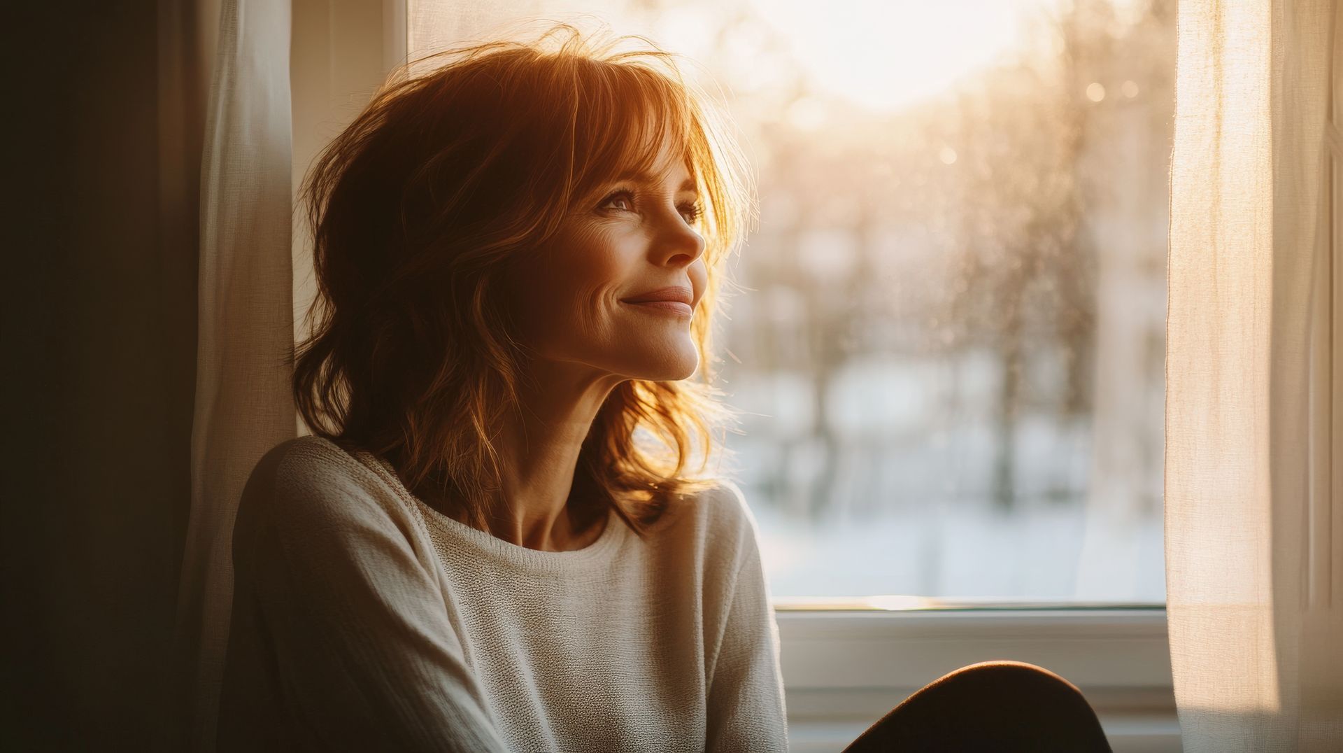 Woman with short brown hair, smiling, looking out a window at the sunlight.