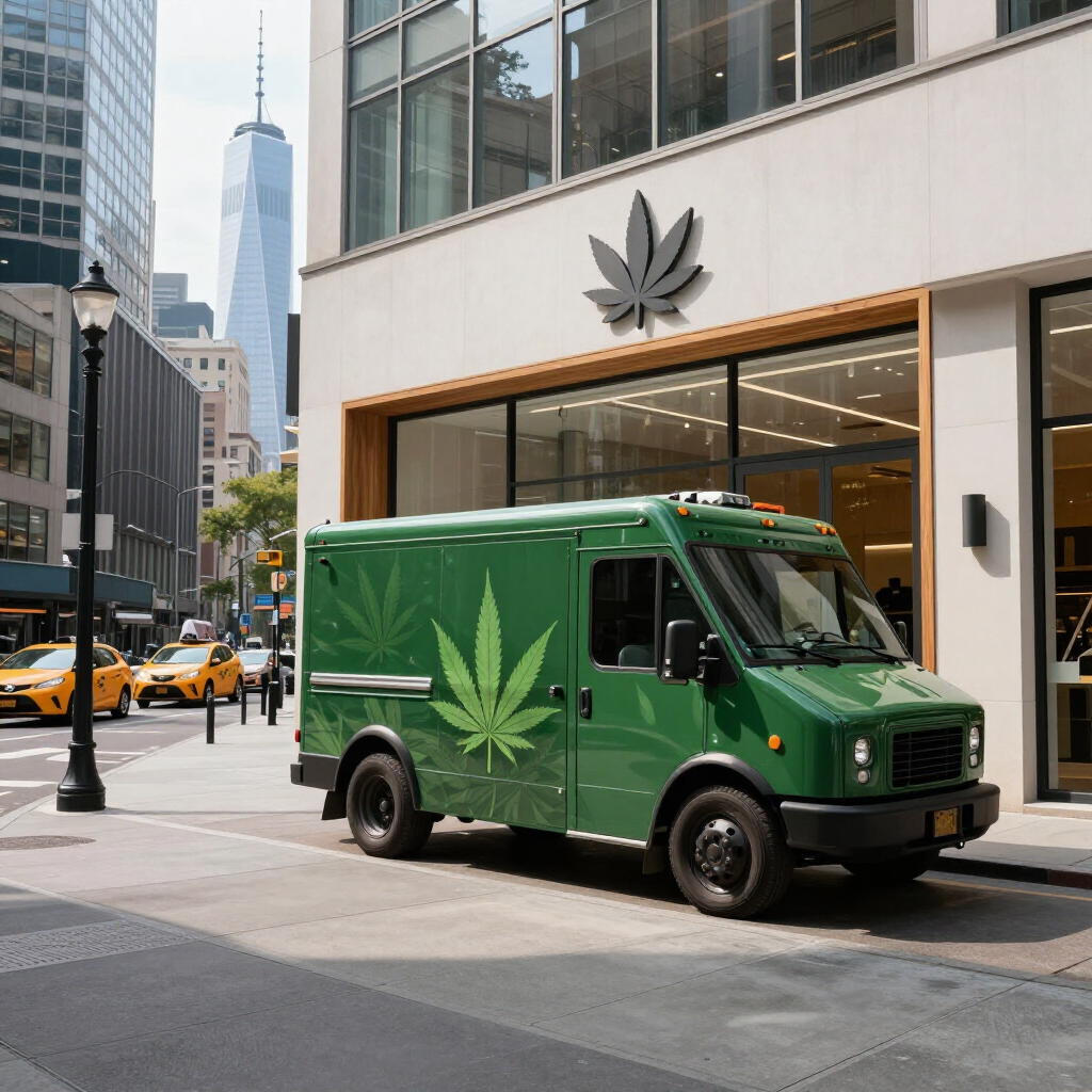 Green delivery truck with cannabis leaf graphics parked outside a marijuana dispensary on a city street