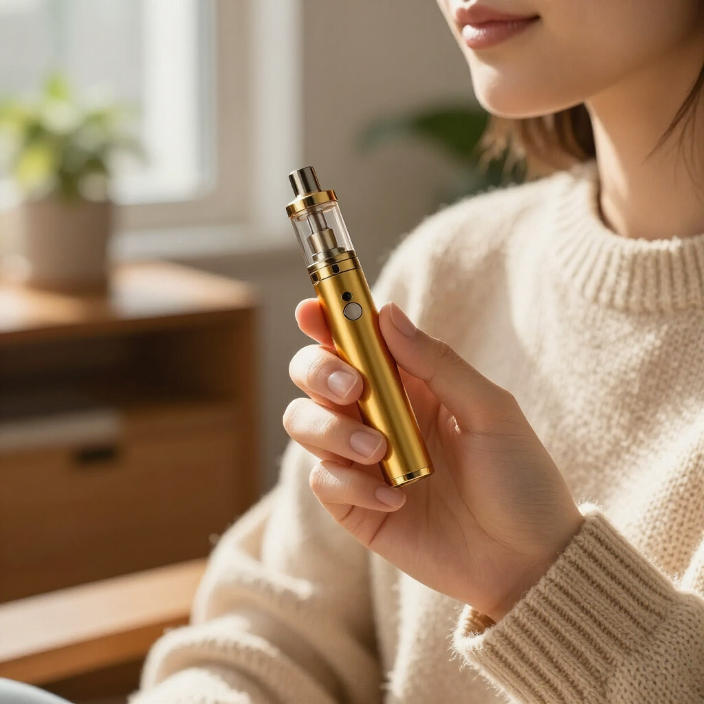Hand holding a gold vape pen indoors near a window with a blurred wooden shelf in the background